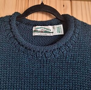 Aran Crafts Unisex Crewneck Sweater Deep Blue Green Thick Chunky Knit 100% Wool